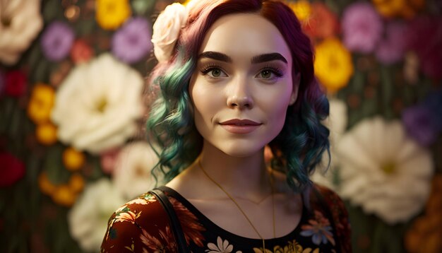 A woman with green hair and a flowery dress stands in front of a wall of flowers.