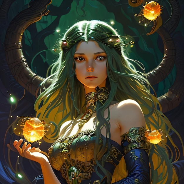 A woman with green hair and a gold crown with the word " dragon " on her head.