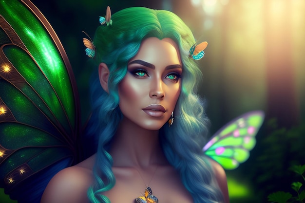 A woman with green hair and green hair with butterflies on her wings