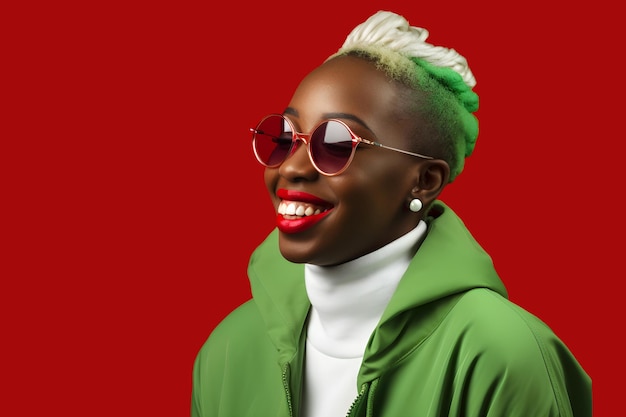 A woman with green hair and a green jacket stands in front of a red background