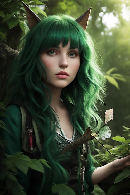 A woman with green hair and green leaves on her head stands in a forest