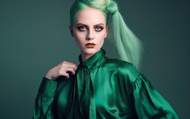 Photo a woman with green hair and green shirt with the word green on it