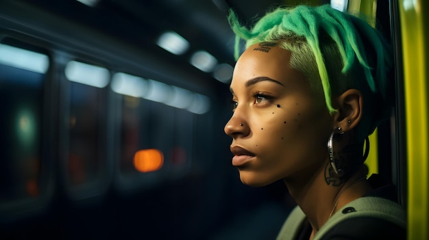 A woman with green hair looks out of a subway window.