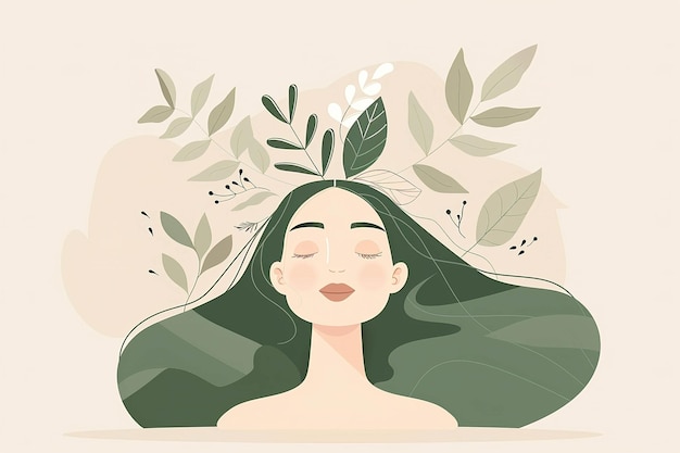 Photo woman with green hair surrounded by leaves feeling calm and relaxed