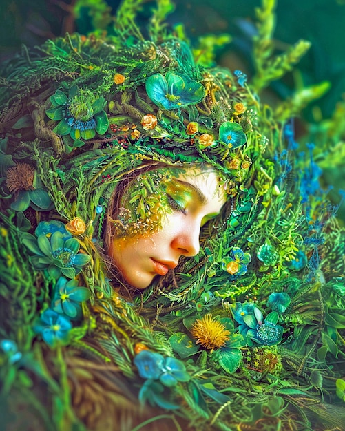 Photo a woman with a green head covered in plants and flowers