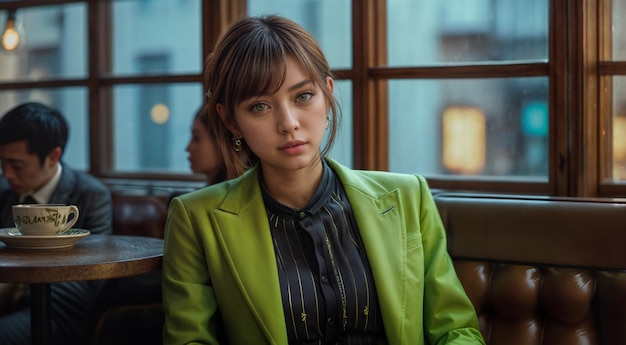 a woman with green jacket is sitting near a window at the cafe