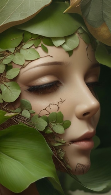 Photo a woman with a green leaf on her face