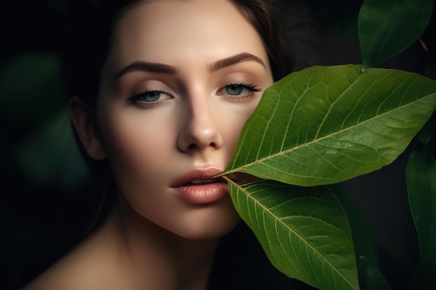 A woman with a green leaf in her mouth