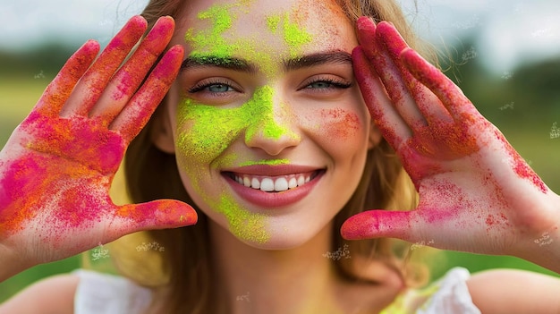 Photo a woman with green paint on her face and hands covered in green paint