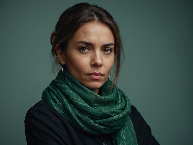 Photo a woman with a green scarf arms folded with a contempl_0