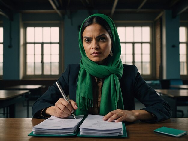 Photo a woman with a green scarf arms holding a stack of fil_2