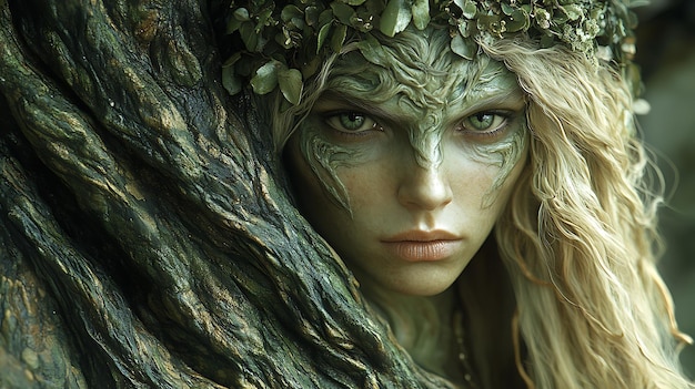 A Woman with Green Skin and Hair in a Forest