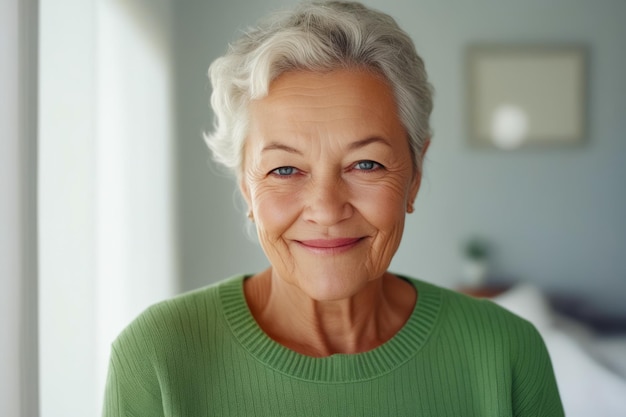 Woman with green sweater and smile on her face Generative AI