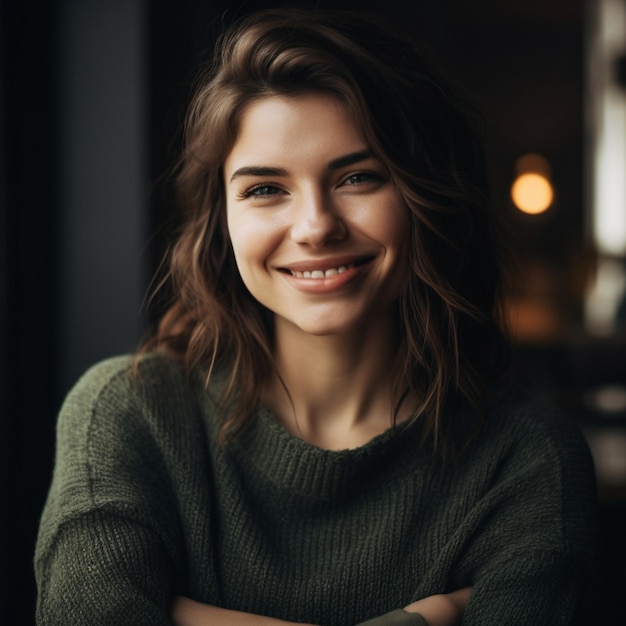 A woman with a green sweater smiles at the camera.