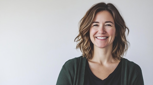 Photo a woman with a green sweater smiling and smiling