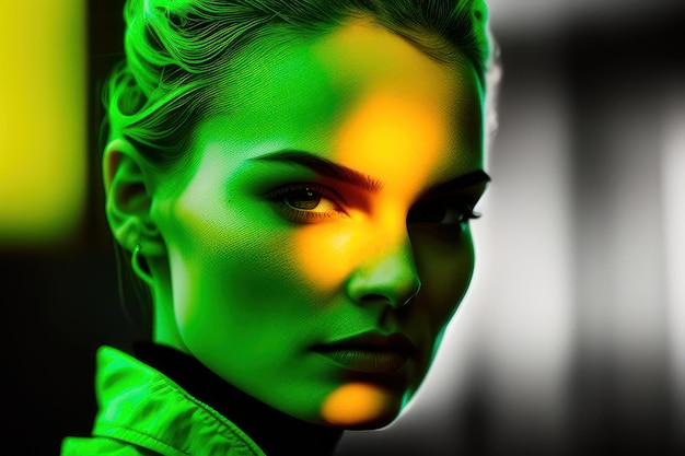 A woman with a green and yellow face and a yellow light on her face