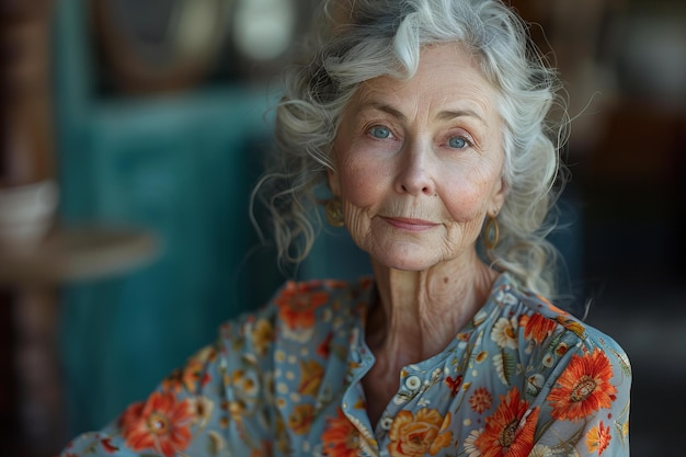 a woman with grey hair and a blue shirt with flowers on it