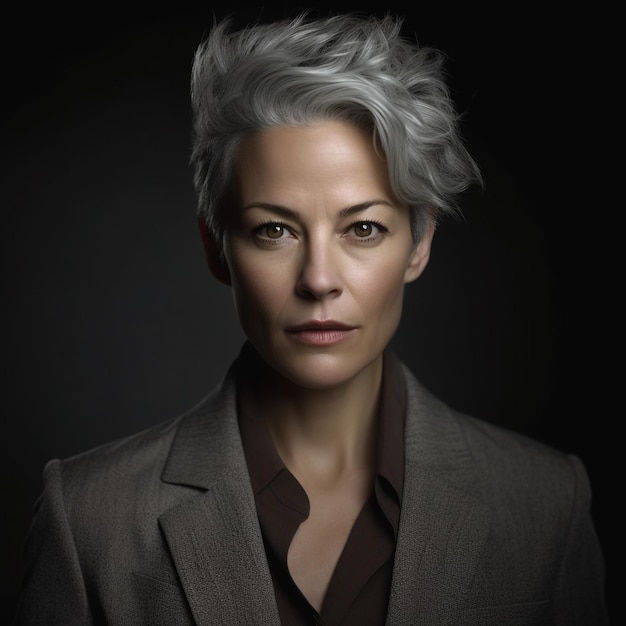 A woman with grey hair and a brown shirt.