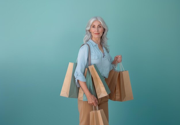 Photo a woman with grey hair carrying shopping bags