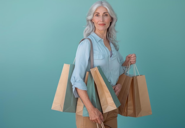 Photo a woman with grey hair carrying shopping bags