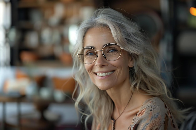 a woman with grey hair and glasses is smiling