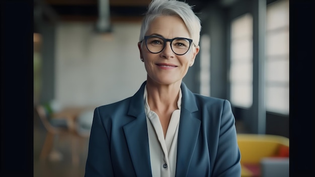 A woman with grey hair and glasses stands in a room with a window and a wall behind her.