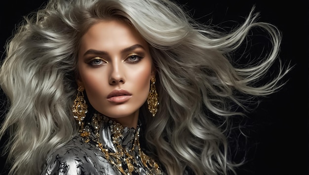 Photo a woman with grey hair and a gold beaded necklace is posing for a photo