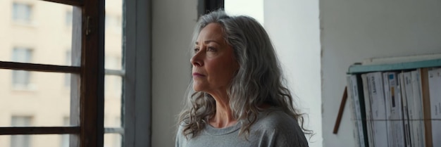 a woman with grey hair and a gray shirt stands in front of a window