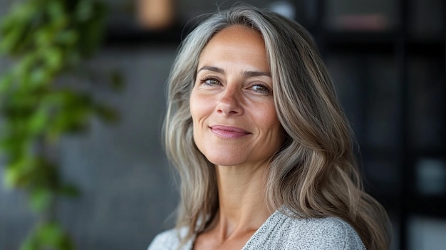 a woman with grey hair and a gray sweater is smiling