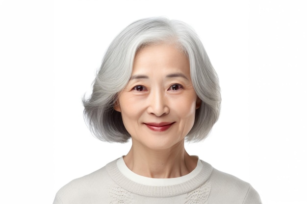 A woman with grey hair is wearing a white sweater This image can be used to depict a mature woman or to illustrate concepts such as aging gracefully or fashion for older women