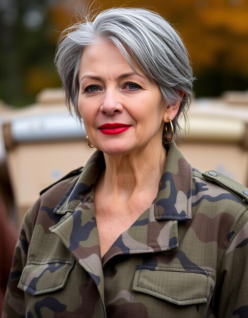 Photo a woman with grey hair and red lips stands in front of a military vehicle