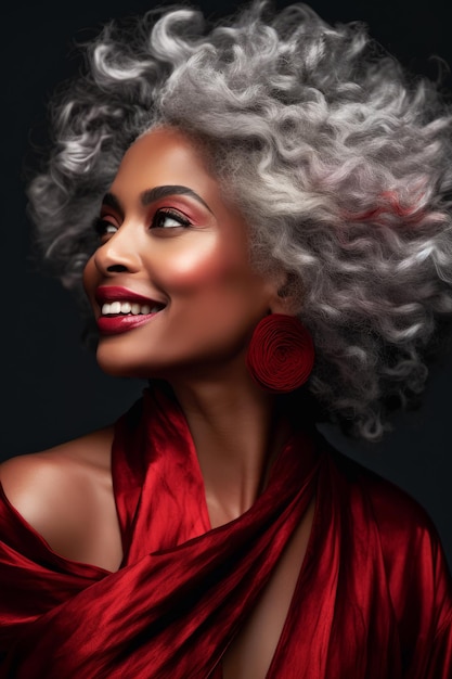 A woman with grey hair and red lipstick