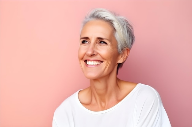 A woman with grey hair smiles in front of a pink background