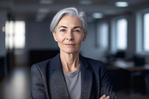 A woman with grey hair stands in a bright office with her arms crossed.