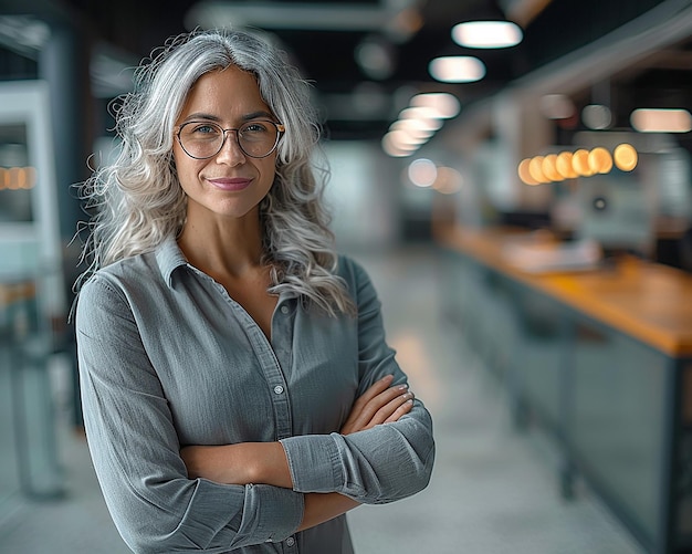 a woman with grey hair stands in front of a light