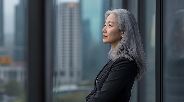 Photo a woman with grey hair stands in front of a window with a building in the background