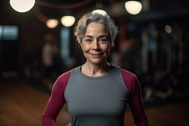 A woman with grey hair stands in a gym wearing a gray and red top.