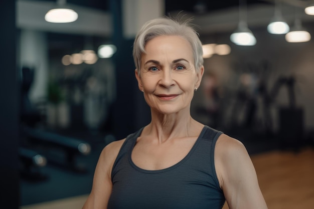 A woman with grey hair stands in a gym