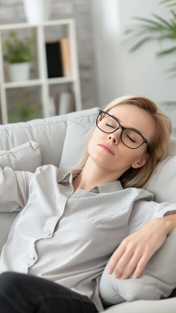 Photo a woman with grey hair wearing glasses and a shirt sits on a white sofa with a thoughtful expression her hand rests on a white pillow while her other hand rests on her lap