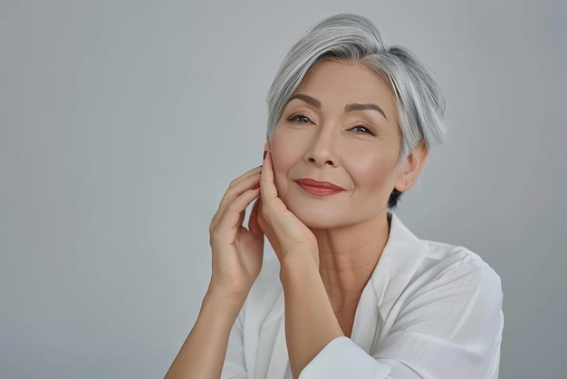 a woman with grey hair and a white shirt is posing for a photo