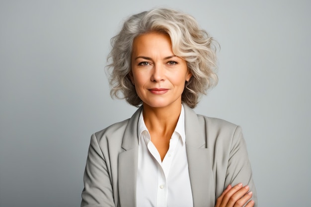 Woman with grey hair and white shirt is smiling Generative AI