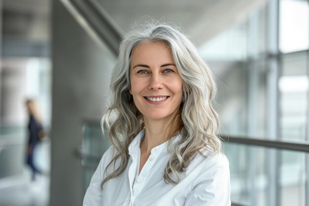 a woman with grey hair and a white shirt is smiling