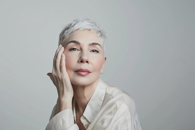 A Woman with Grey Hair and a White Shirt Posing for a Photo