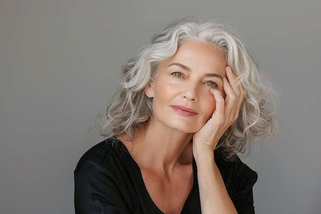 A Woman with Grey Hair and a White Shirt Posing for a Photo