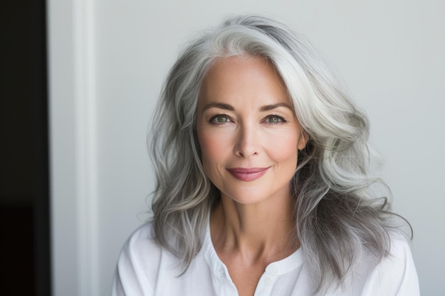 Woman with Grey Hair and White Shirt