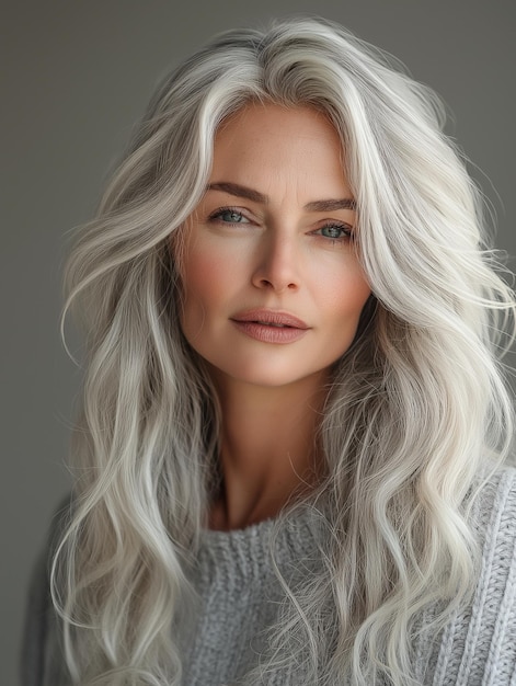 Photo a woman with grey hair and a white top has a gray hairdo