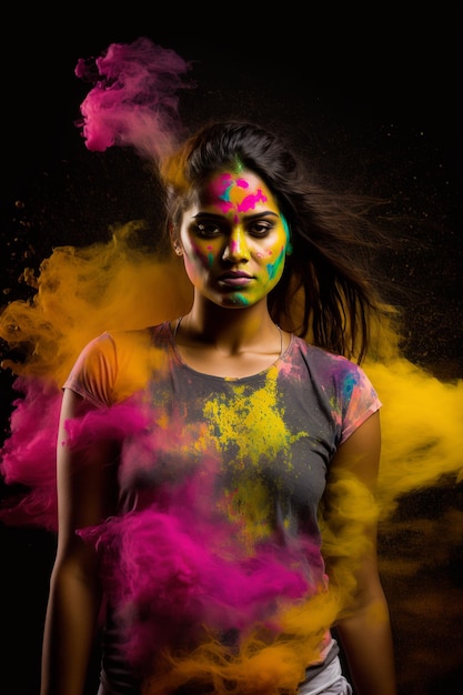 A woman with a grey shirt and pink paint on her face