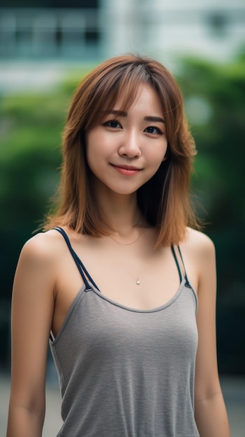 A woman with a grey tank top stands in a park.