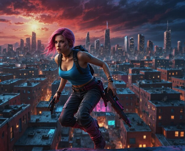 a woman with a gun on her head is on a rooftop overlooking a city