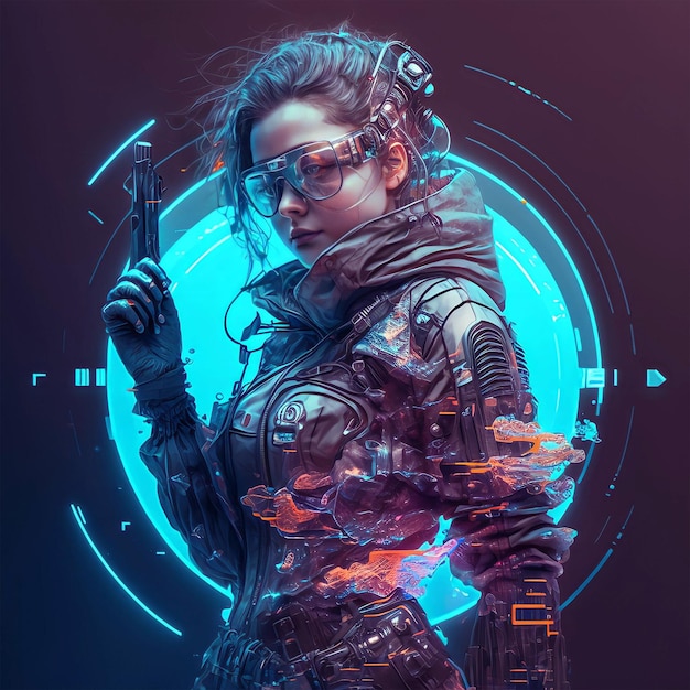 A woman with a gun and a neon circle in the background